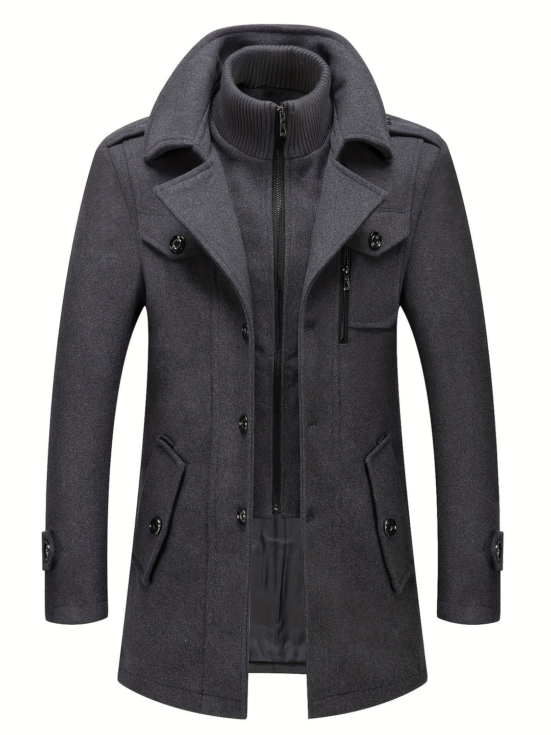 Men's Stand Collar Fleece Blend Pea Coat Single Breasted Overcoat