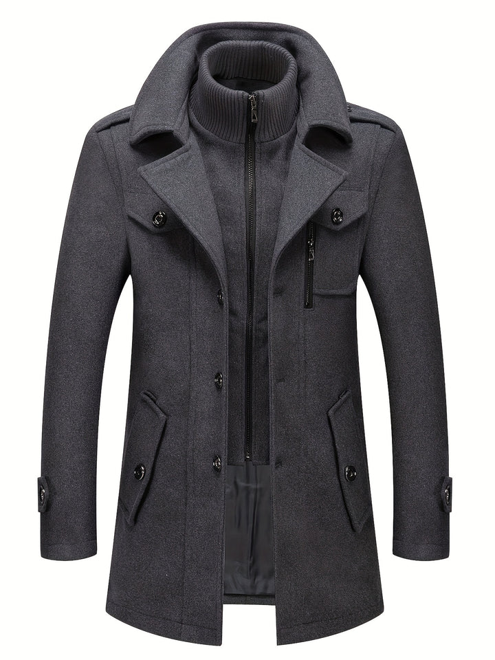 Men's Stand Collar Fleece Blend Pea Coat Single Breasted Overcoat