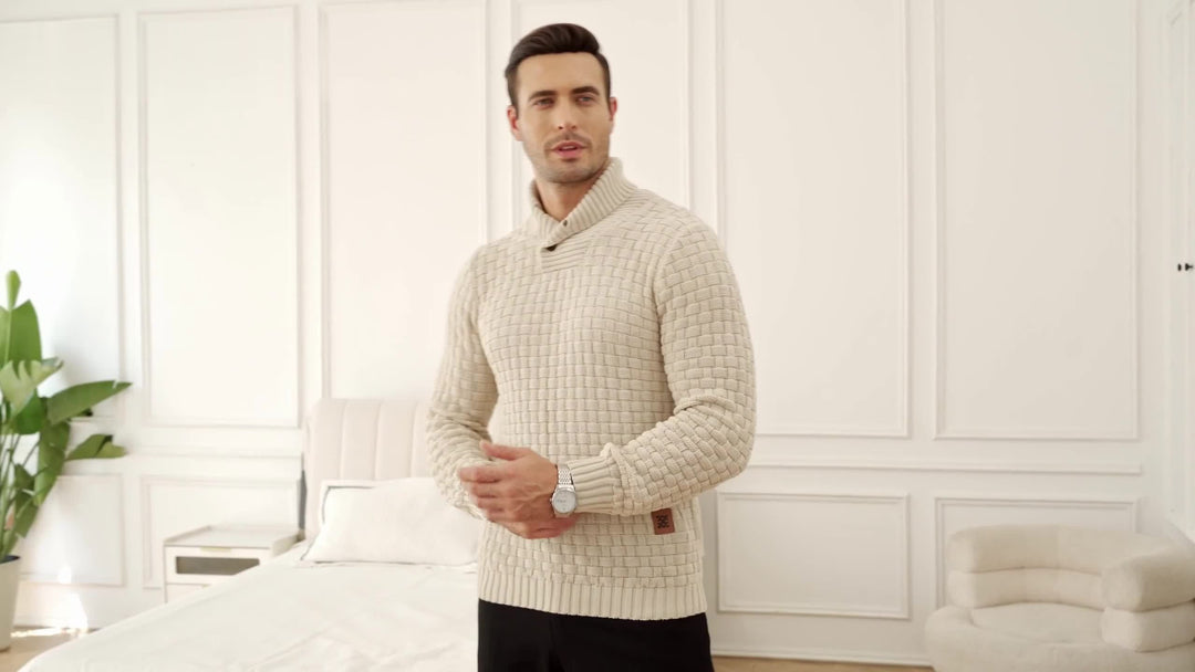 Men's Casual Waffle Knit Lapel Button Sweater