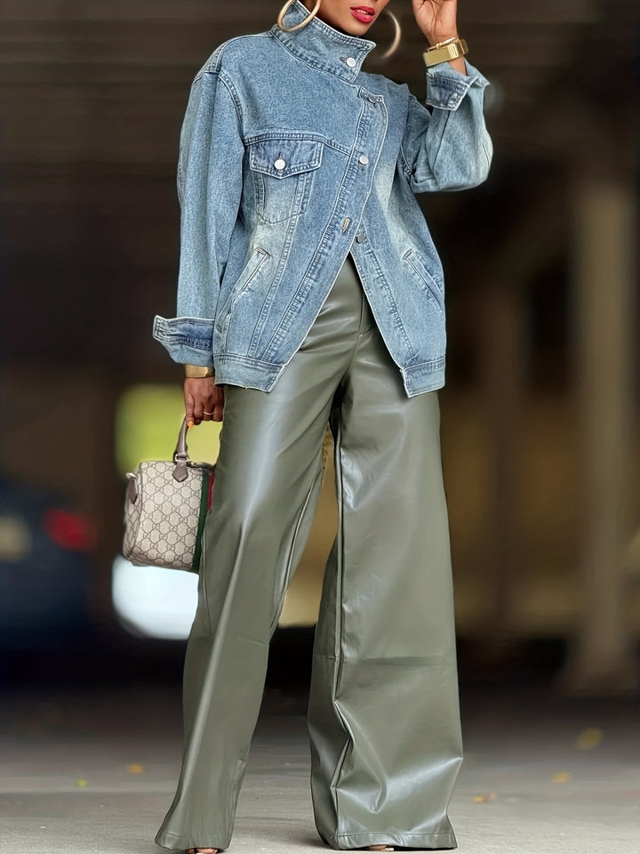 Women's Vintage High Neck Denim Jacket Loose Fit Longline Coat