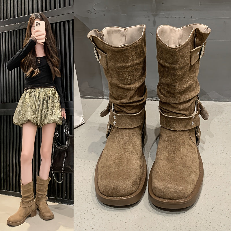 Women's Cowboy Boots Mid-Calf Knee-High Square-Toe Riding Boots