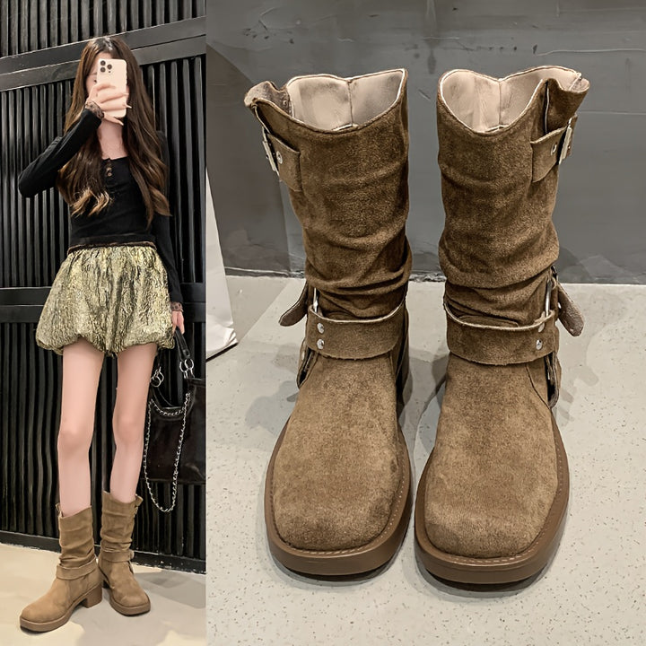 Women's Cowboy Boots Mid-Calf Knee-High Square-Toe Riding Boots