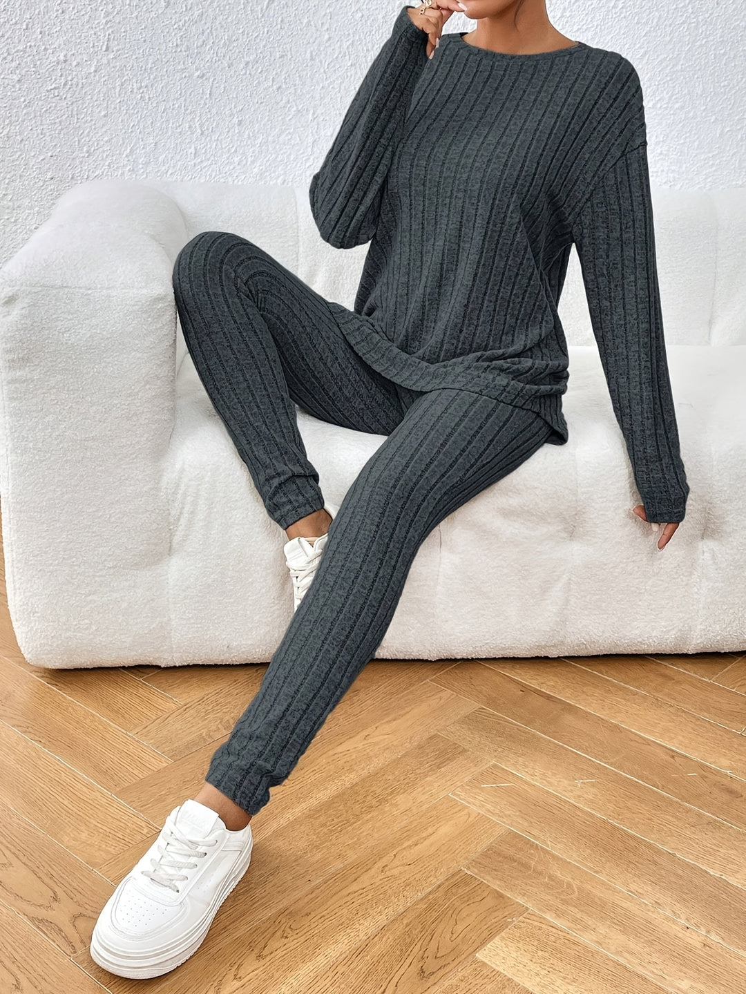 Women's Casual Commuting Outfit Long-Length Set Ribbed Texture