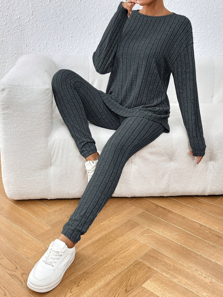Women's Casual Commuting Outfit Long-Length Set Ribbed Texture