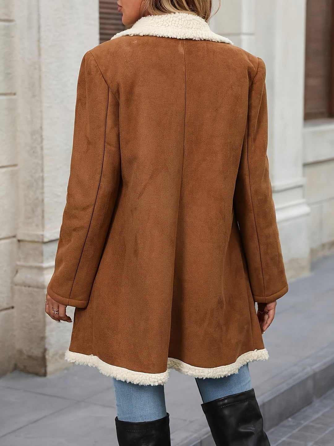 Long-Sleeve Double-Breasted Coat for Women with Flap Pockets