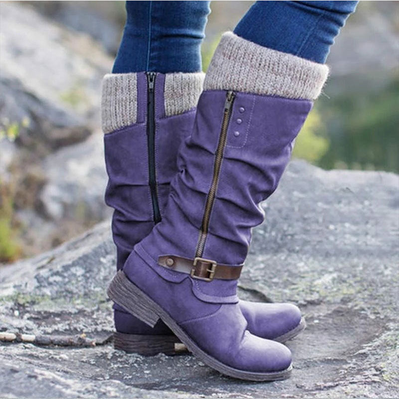 Women's Mid-calf Riding Boots with Chunky Heels and Fleece Lining