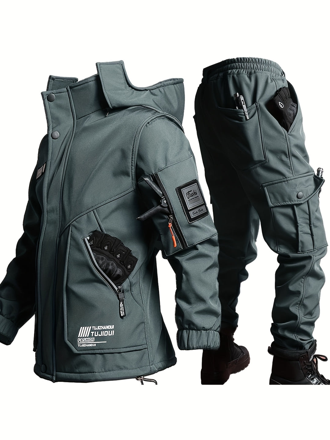 Men's Padded Winter Suit Hooded Jacket and Trousers Hiking Casual Wear