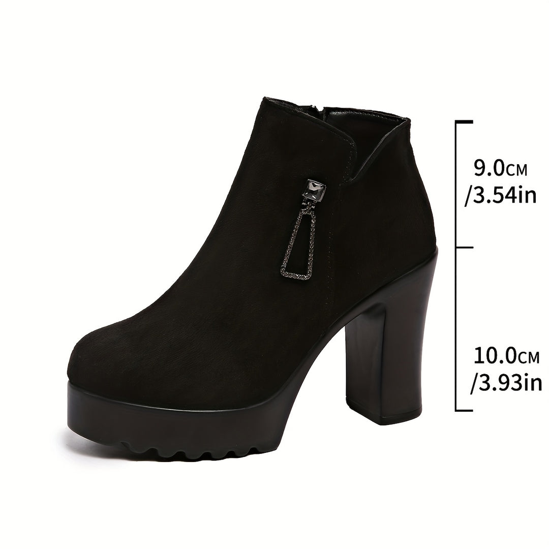 Women's Chunky Heel Round Toe Short Boots with Side Zipper and Rhinestones