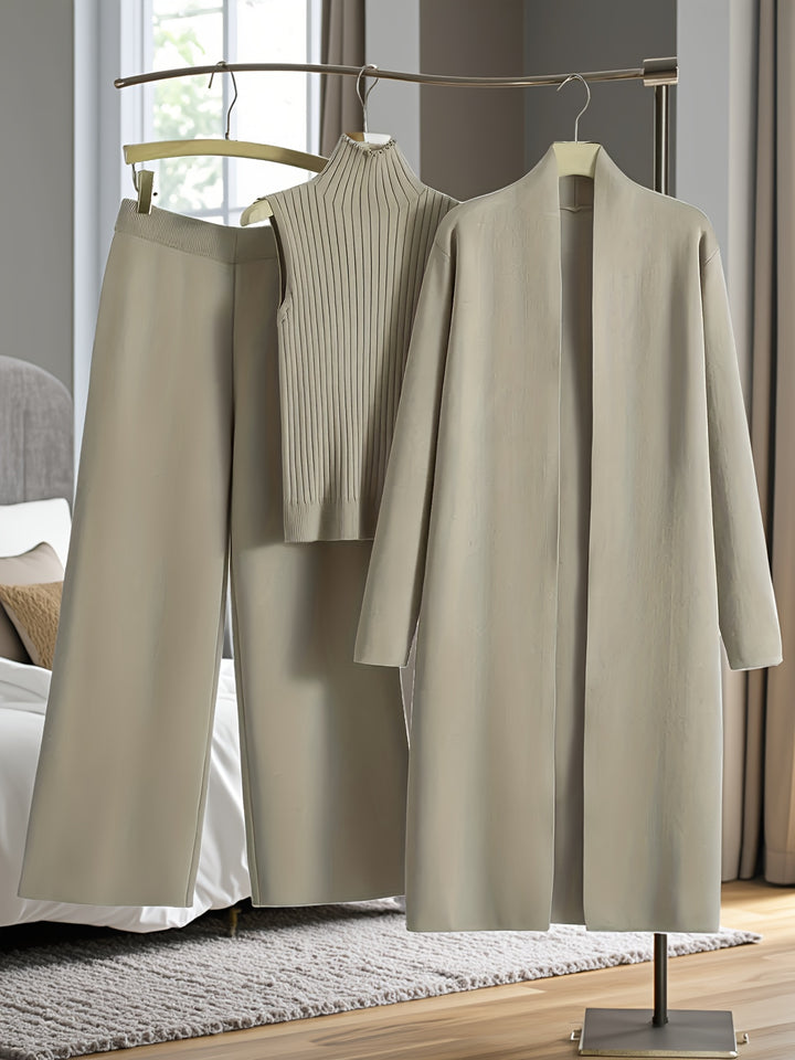 Women’s Loose Fashionable Three-Piece Set with Wide-Leg Pants, Cardigan, Vest