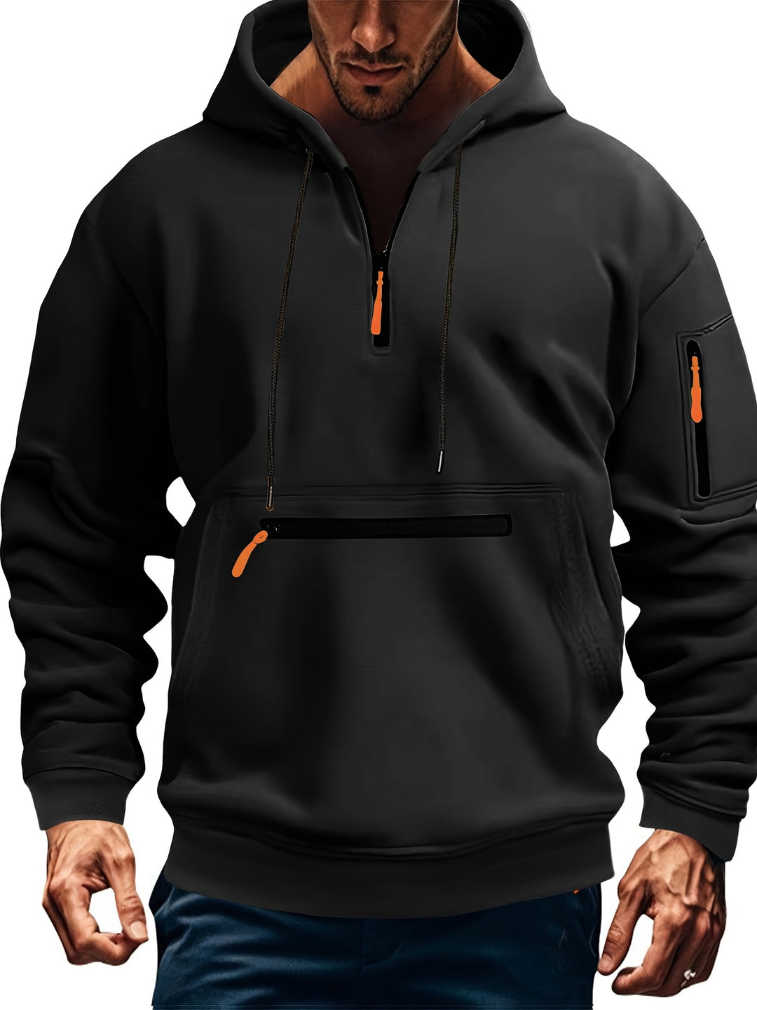 Men's Hooded Half-Zip Sweatshirt with Kangaroo and Zipper Pockets