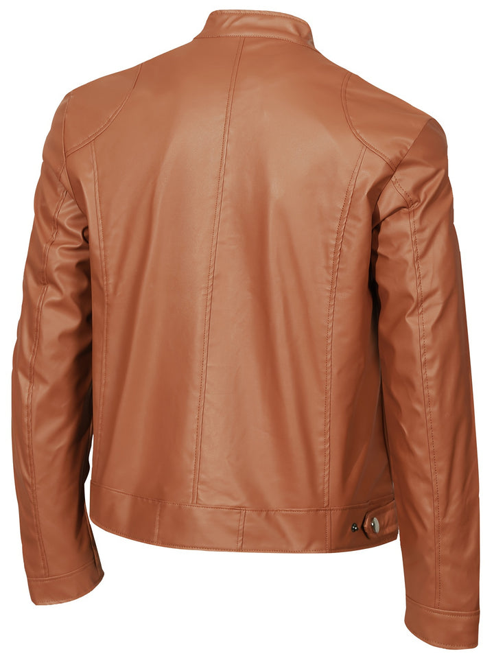 Men's Zip-Up Cardigan Multi-Pocket Motorcycle Jacket Leather Coat