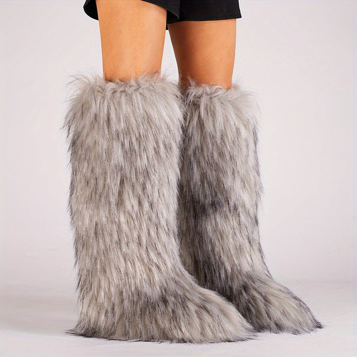 Knee-High Faux Fur Winter Boots for Women with Flat Heel and Round Toe