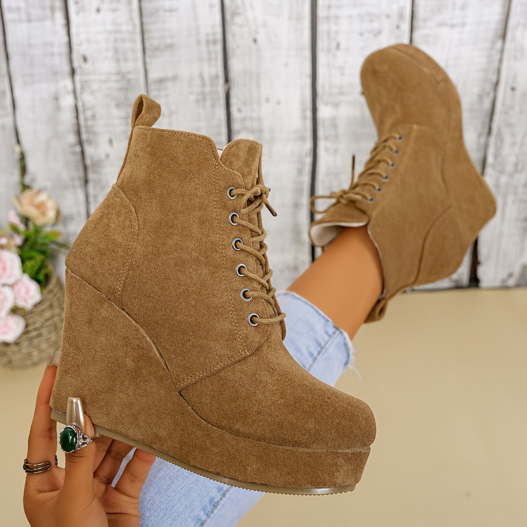 Women's Fashion Boots Round Toe Lace-Up Wedge Ankle Boots