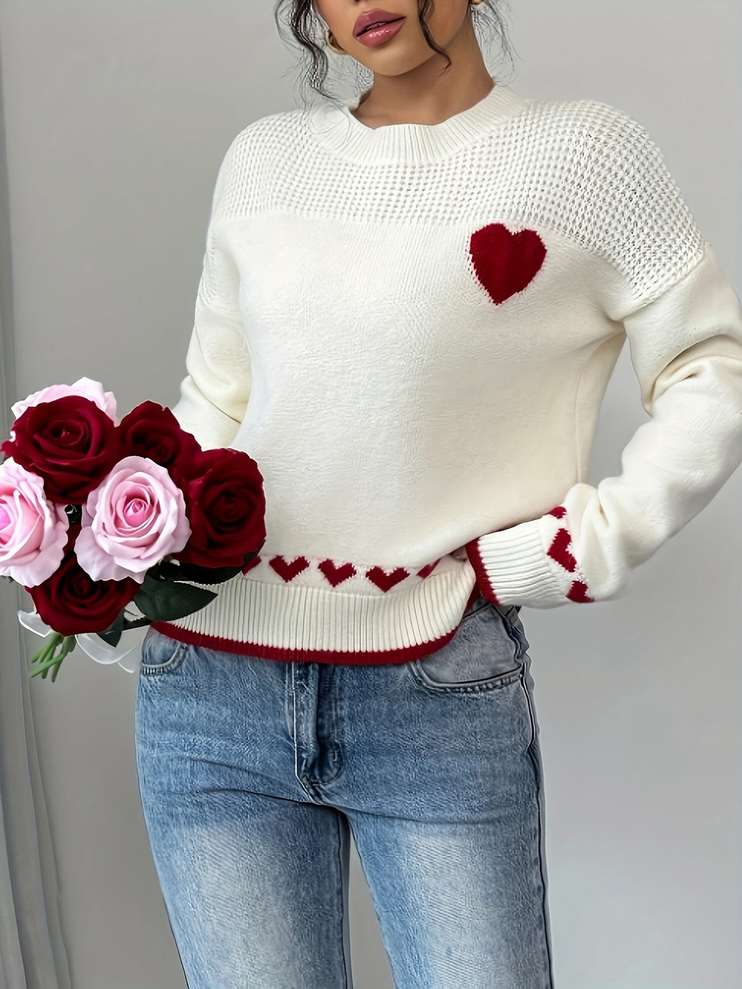 Women's Casual Heart Pattern Drop Shoulder Sweater