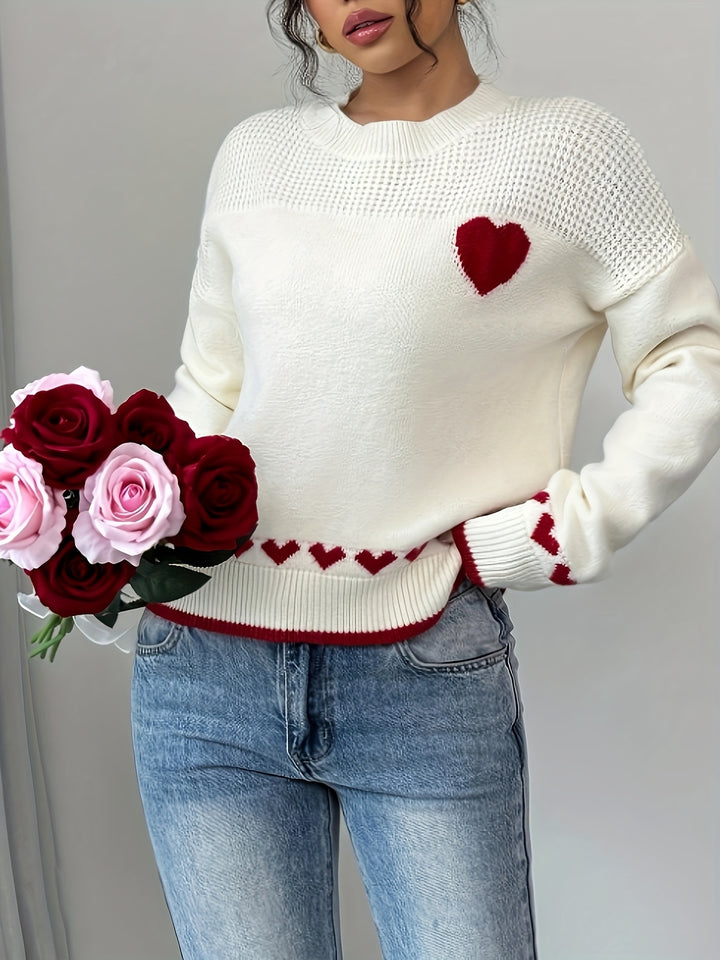 Women's Casual Heart Pattern Drop Shoulder Sweater