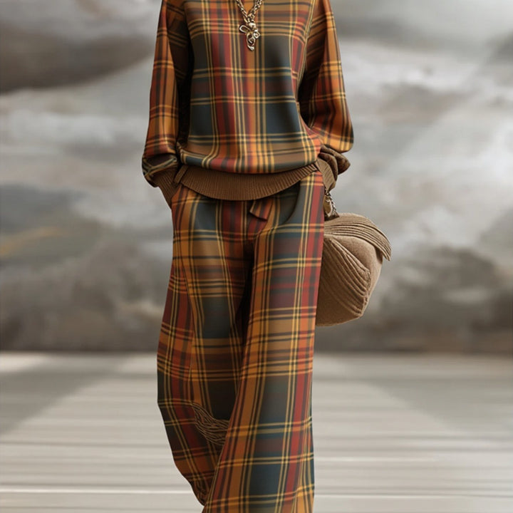 Vintage Plaid Wide-Leg Pants Set for Women