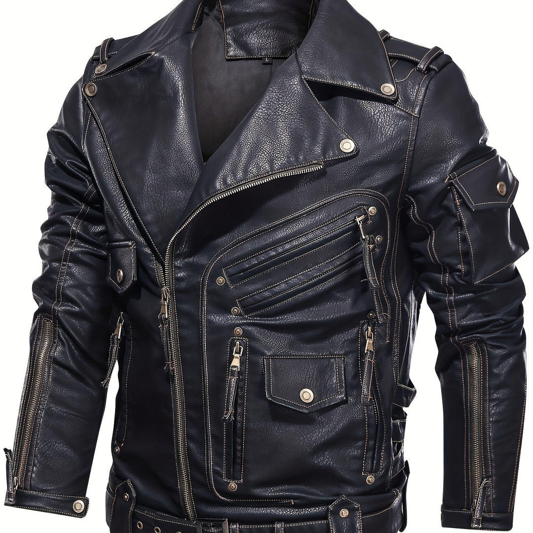 Men's Motorcycle Biker Jacket with Zipper Pockets and Adjustable Belt
