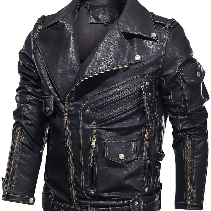 Men's Motorcycle Biker Jacket with Zipper Pockets and Adjustable Belt