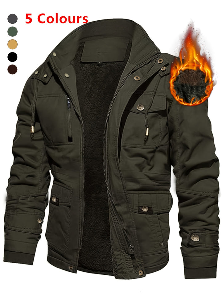 Men's Mid-Length Heavyweight Jacket with Detachable Hood and Pockets