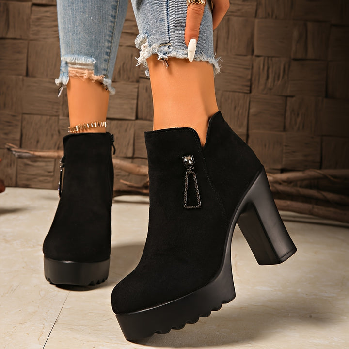 Women's Chunky Heel Round Toe Short Boots with Side Zipper and Rhinestones