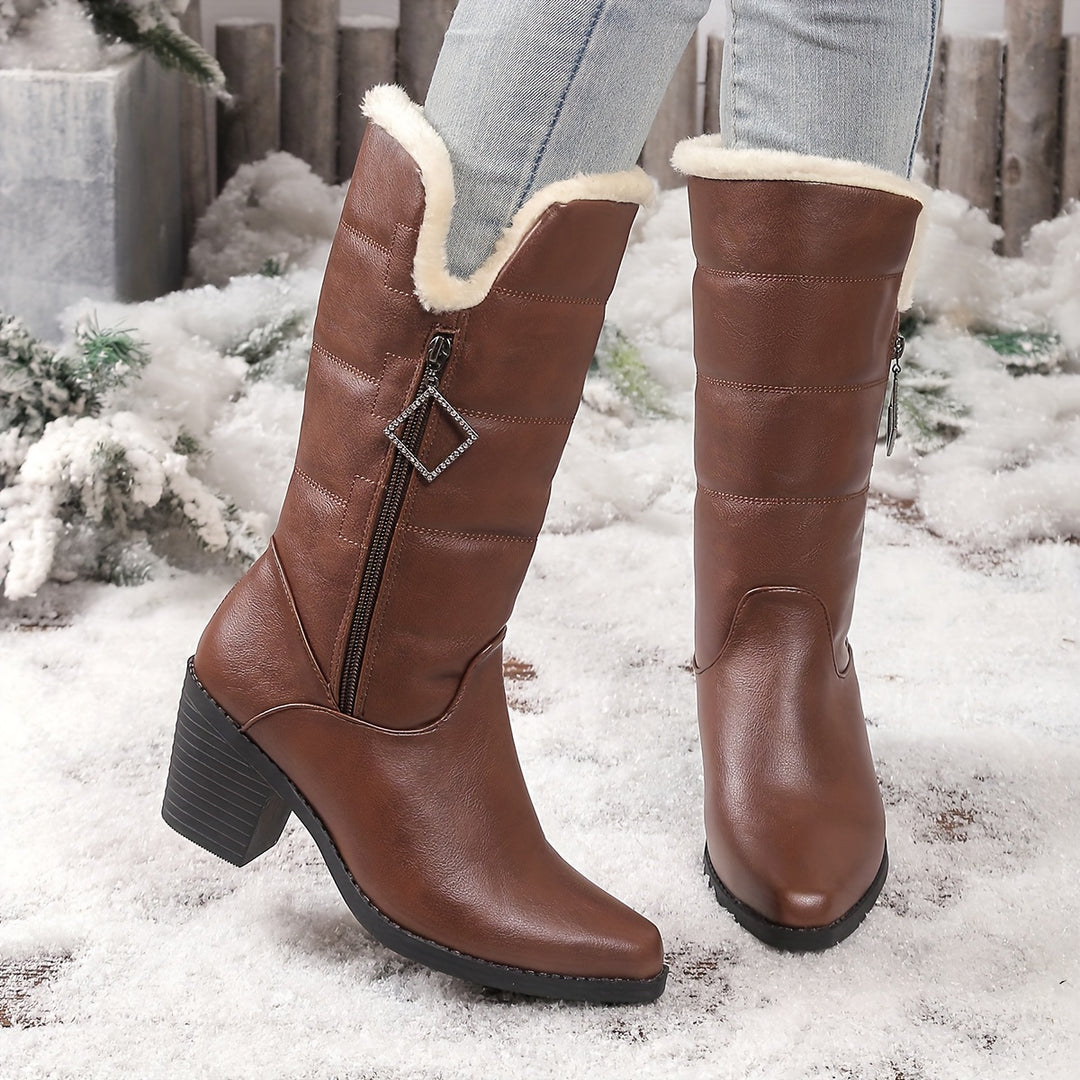 Women's Fashion Boots with Chunky Heel and Side Zipper