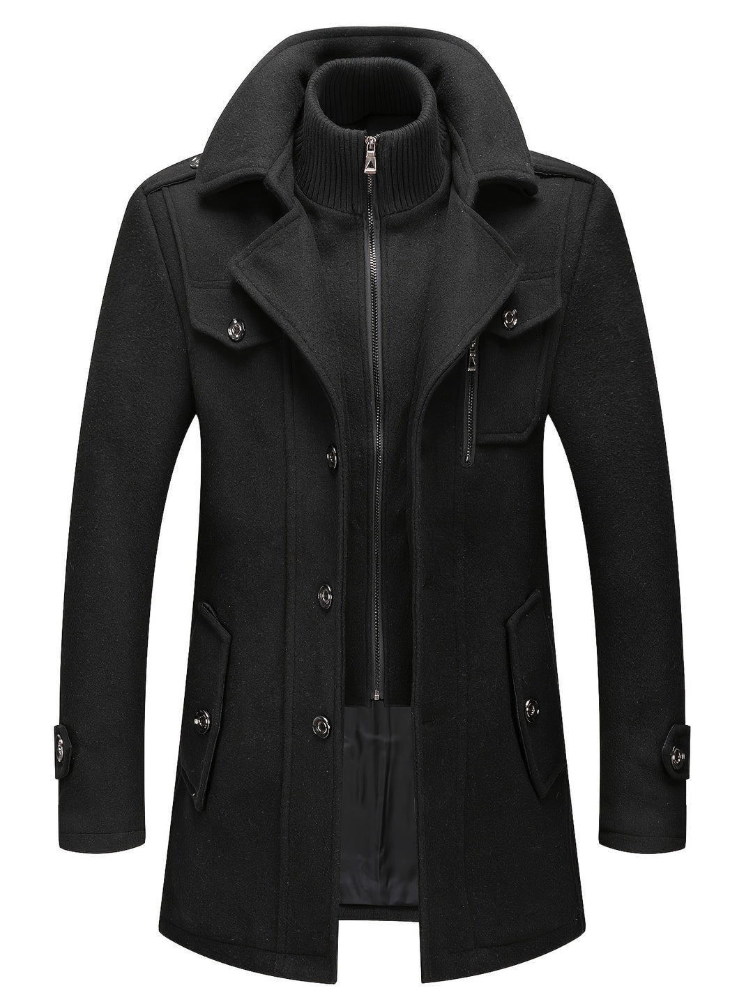 Men's Stand Collar Fleece Blend Pea Coat Single Breasted Overcoat