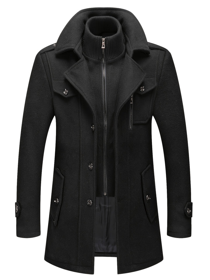Men's Stand Collar Fleece Blend Pea Coat Single Breasted Overcoat