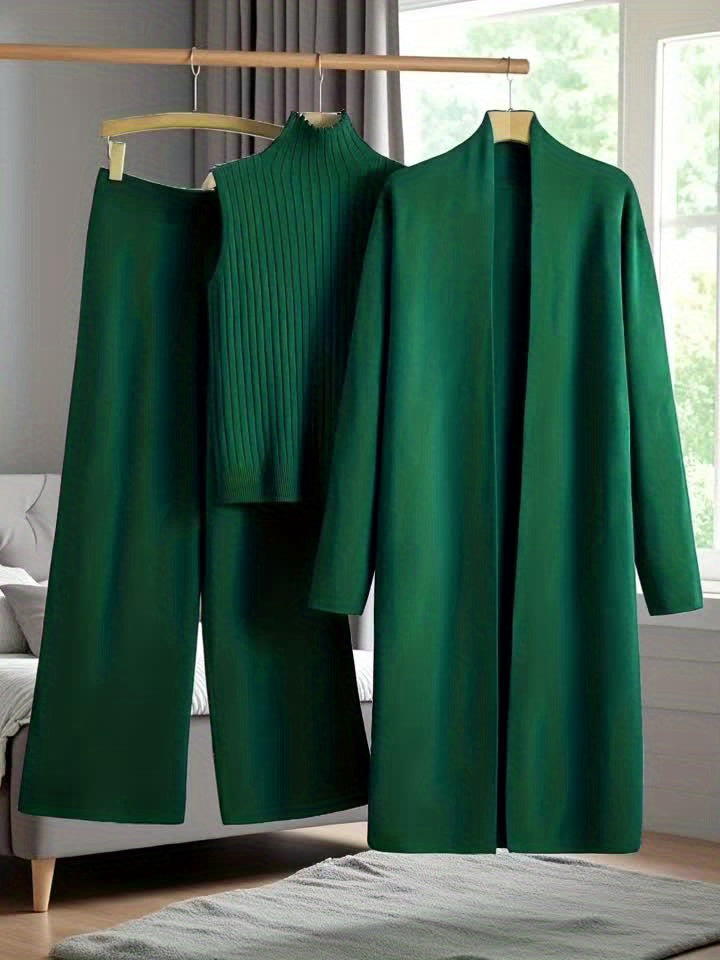 Women’s Loose Fashionable Three-Piece Set with Wide-Leg Pants, Cardigan, Vest