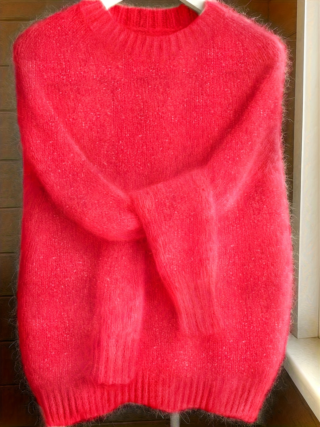 Women's Mohair Blend Sweater with Raglan Sleeve and Drop Shoulder Design
