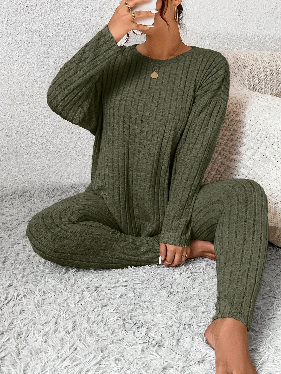 Women's Casual Commuting Outfit Long-Length Set Ribbed Texture