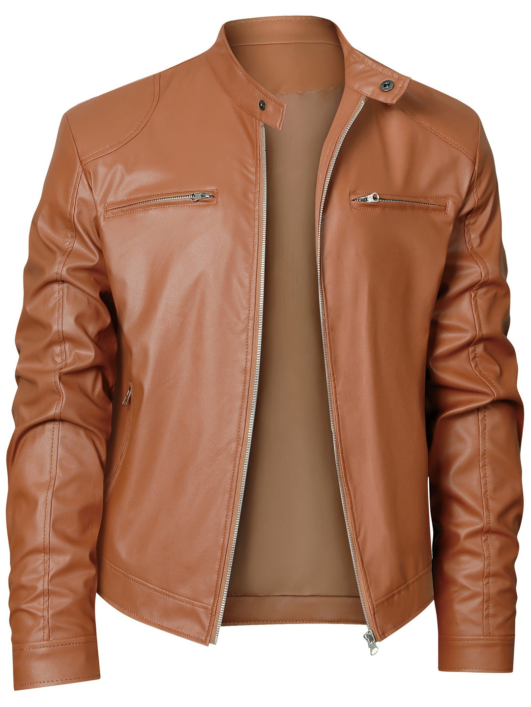 Men's Zip-Up Cardigan Multi-Pocket Motorcycle Jacket Leather Coat