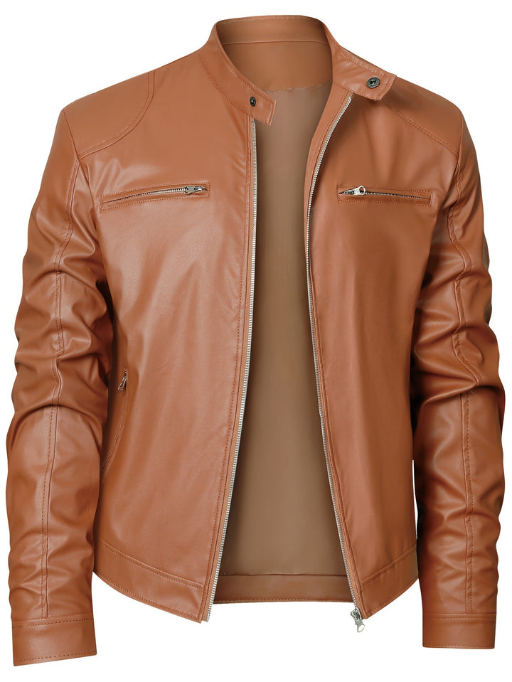 Men's Zip-Up Cardigan Multi-Pocket Motorcycle Jacket Leather Coat