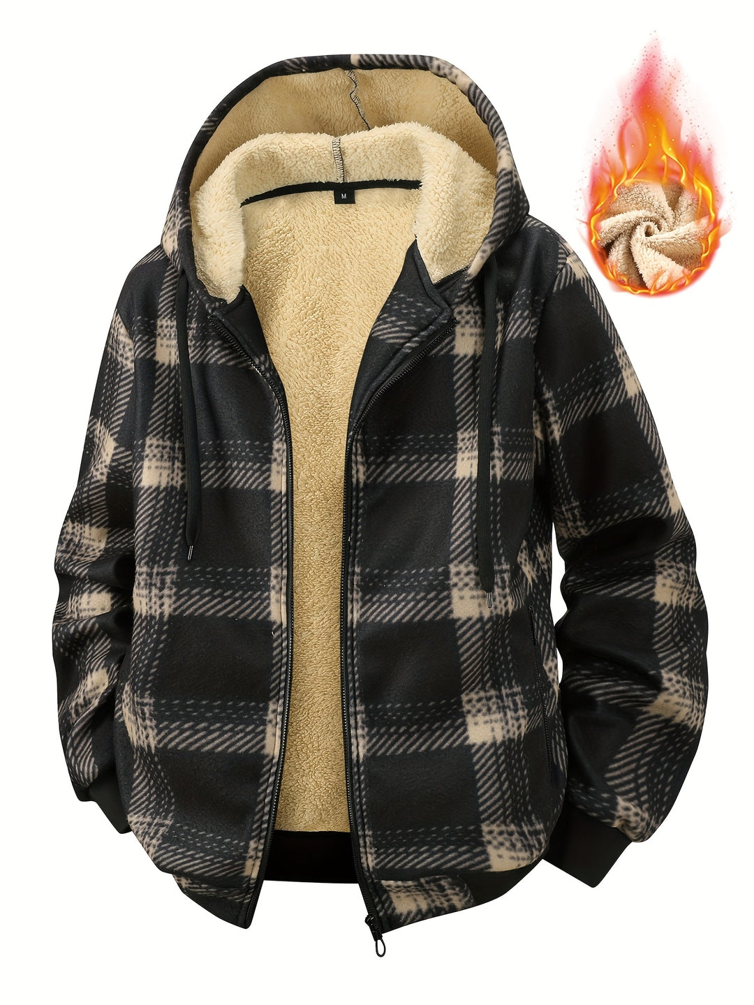 Men's Plaid Fleece-Lined Zip-Up Cardigan with Hood and Pockets