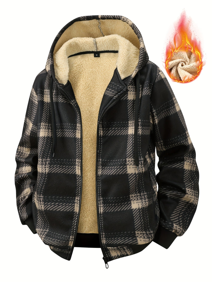 Men's Plaid Fleece-Lined Zip-Up Cardigan with Hood and Pockets