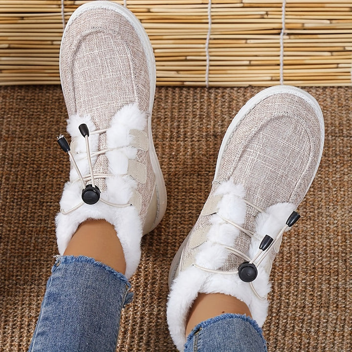 Women's Winter Slip-On Shoes with Faux Fur Collar and Round Toe