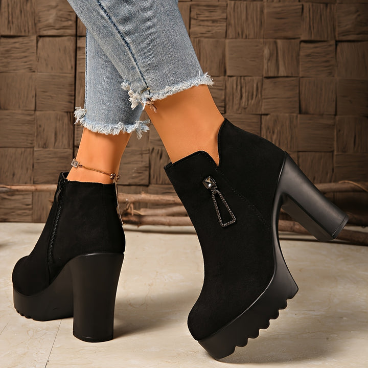 Women's Chunky Heel Round Toe Short Boots with Side Zipper and Rhinestones