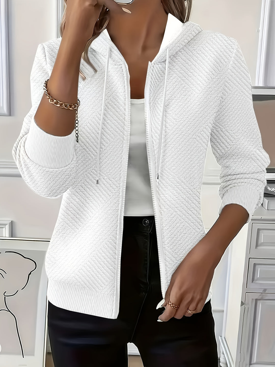 Stylish Elegant Casual Jacket Zippered Drawstring Hooded Cardigan