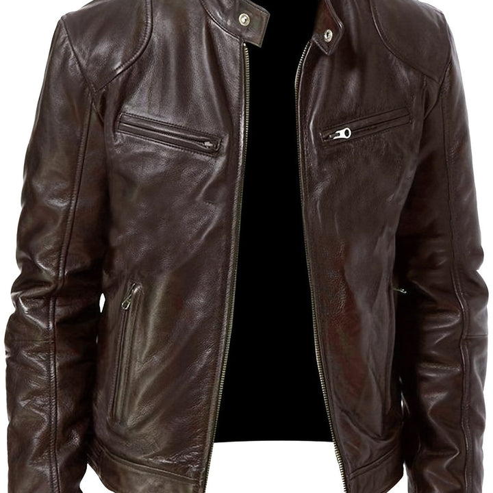Men's Zip-Up Cardigan Multi-Pocket Motorcycle Jacket Leather Coat