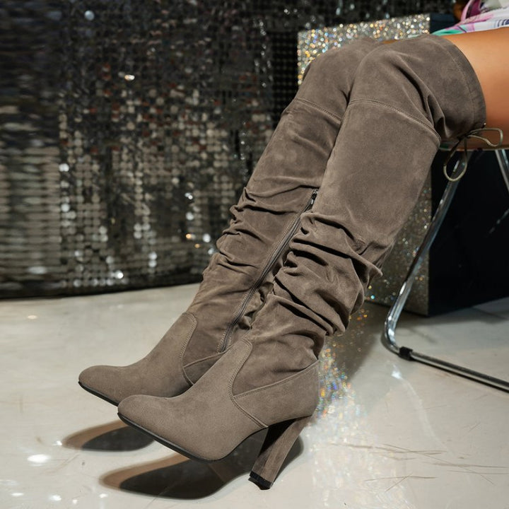 Women's Over-the-Knee Fashion Boots with Chunky Heel and Zipper