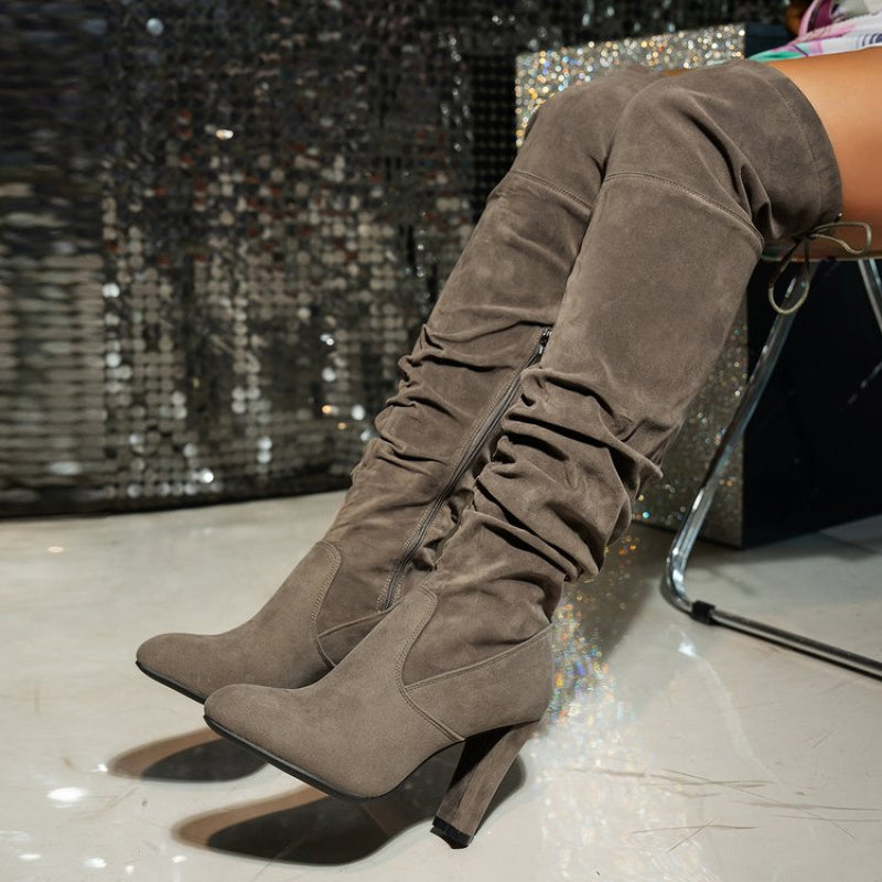 Women's Over-the-Knee Fashion Boots with Chunky Heel and Zipper