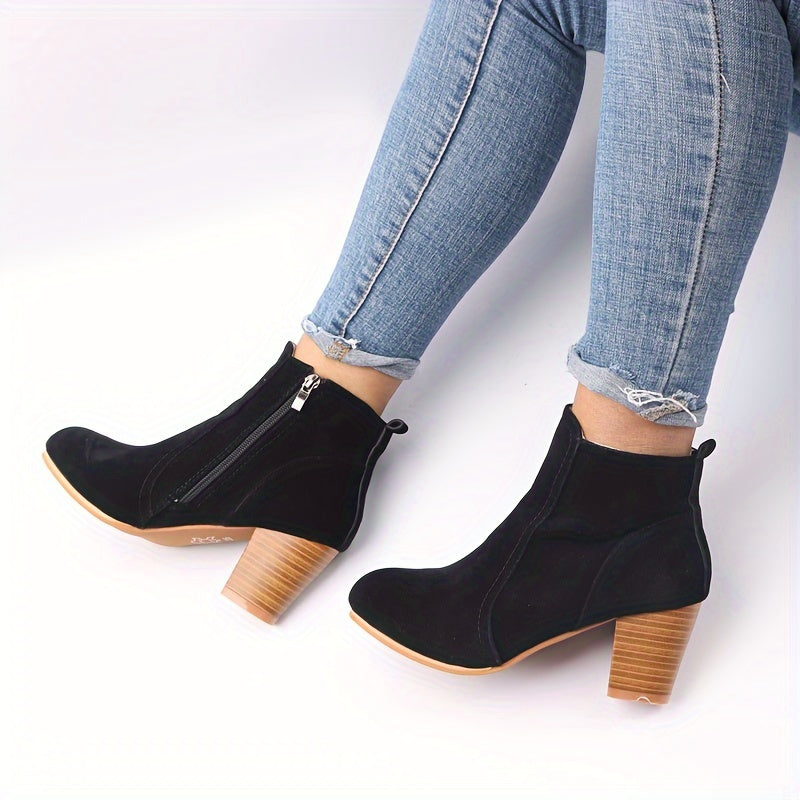 Women's High-Heel Ankle Boots with Round Toe and Side Zip