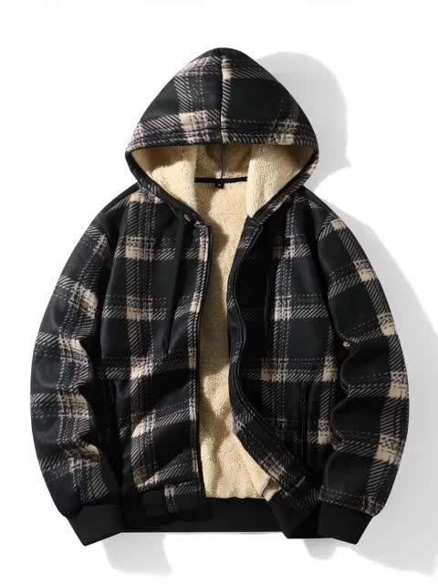 Men's Plaid Fleece-Lined Zip-Up Cardigan with Hood and Pockets
