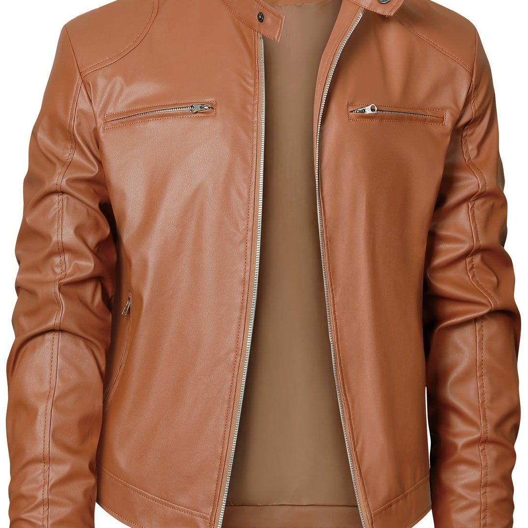 Men's Zip-Up Cardigan Multi-Pocket Motorcycle Jacket Leather Coat