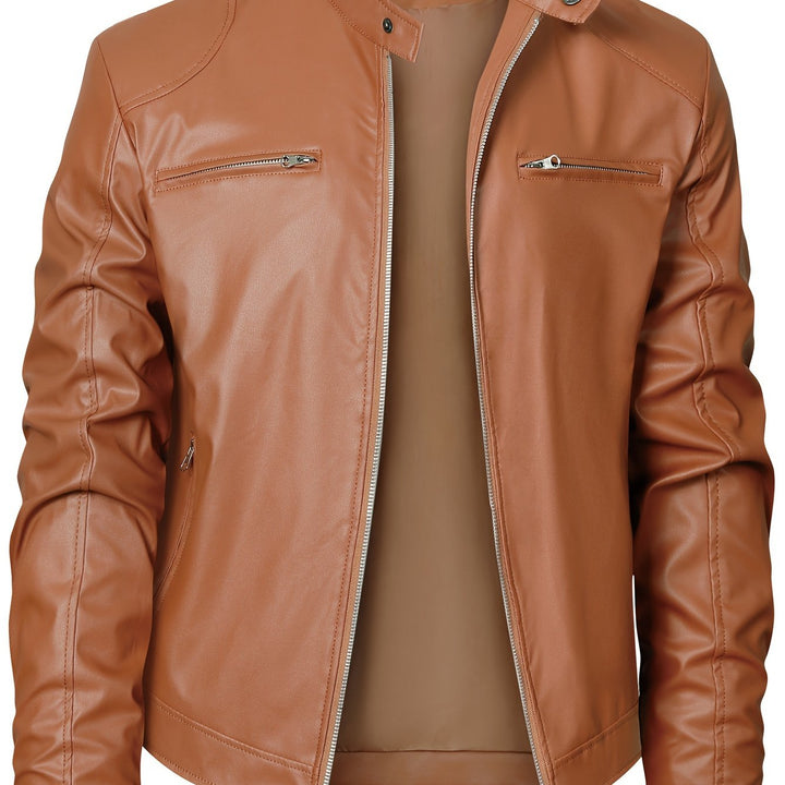 Men's Zip-Up Cardigan Multi-Pocket Motorcycle Jacket Leather Coat