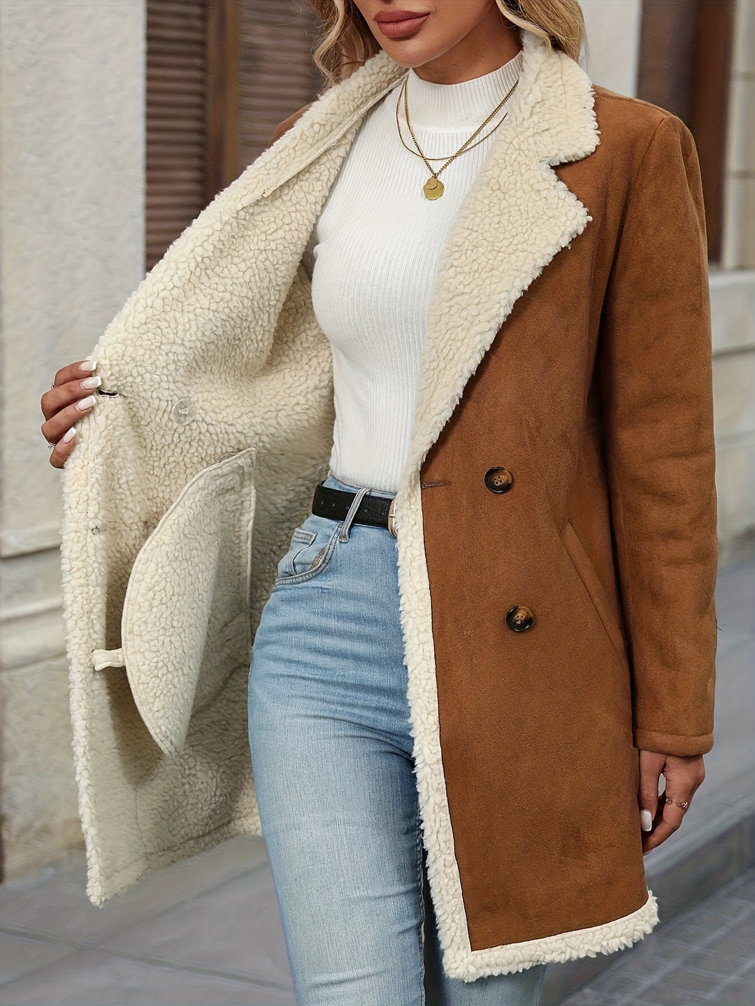 Long-Sleeve Double-Breasted Coat for Women with Flap Pockets