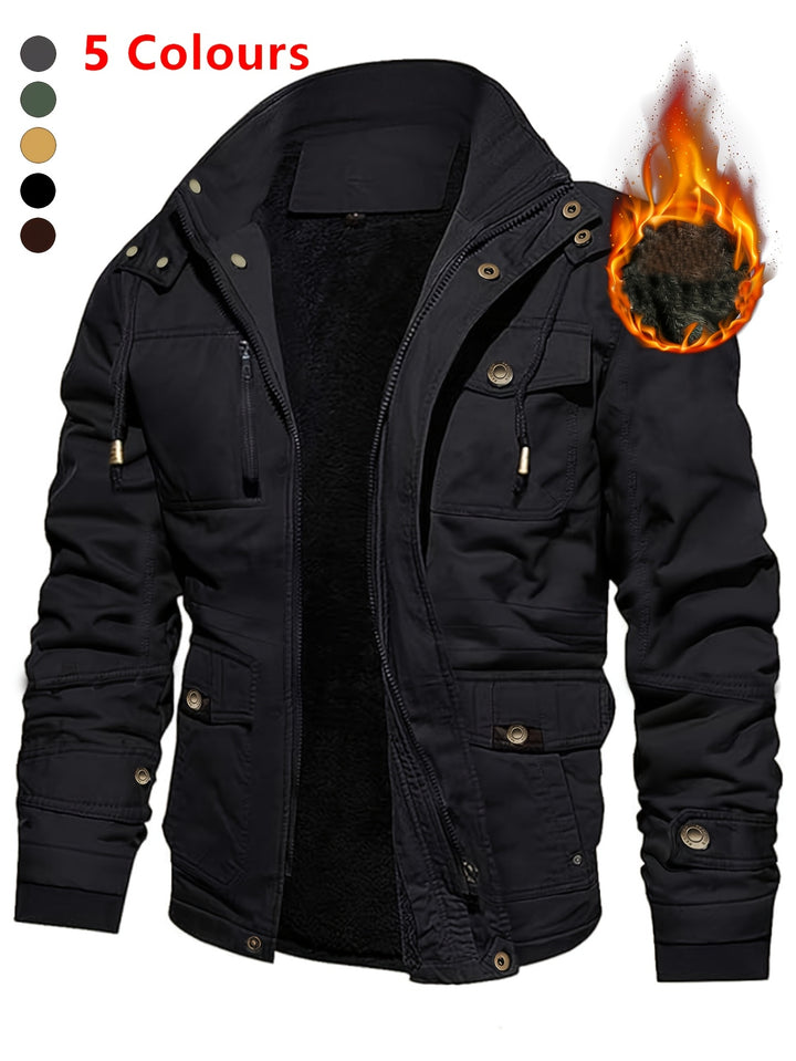 Men's Mid-Length Heavyweight Jacket with Detachable Hood and Pockets