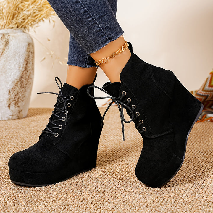 Women's Fashion Boots Round Toe Lace-Up Wedge Ankle Boots