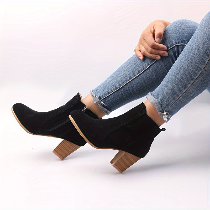 Women's High-Heel Ankle Boots with Round Toe and Side Zip