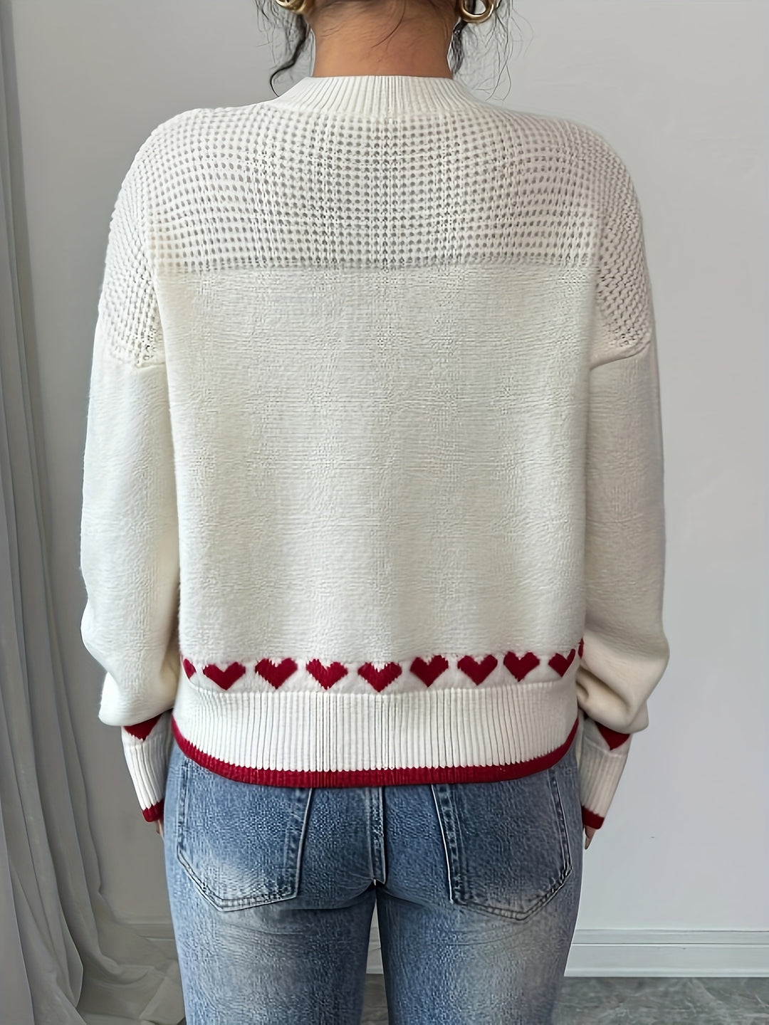 Women's Casual Heart Pattern Drop Shoulder Sweater